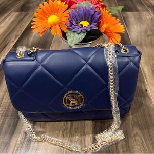 Badgley Mischka Navy Quilted Bag with Gold Chain